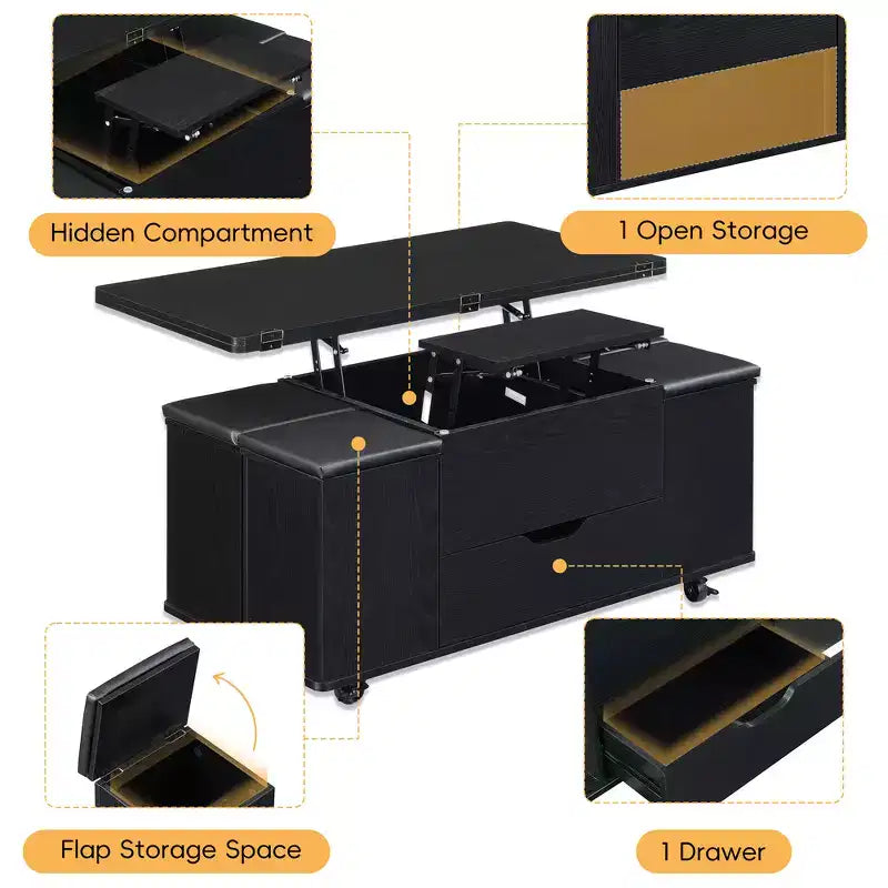 Multifunctionele moderne salontafel met hefbaar blad en verborgen opbergruimte, 4 krukken en zwenkwielen, perfect voor moderne woonruimtes