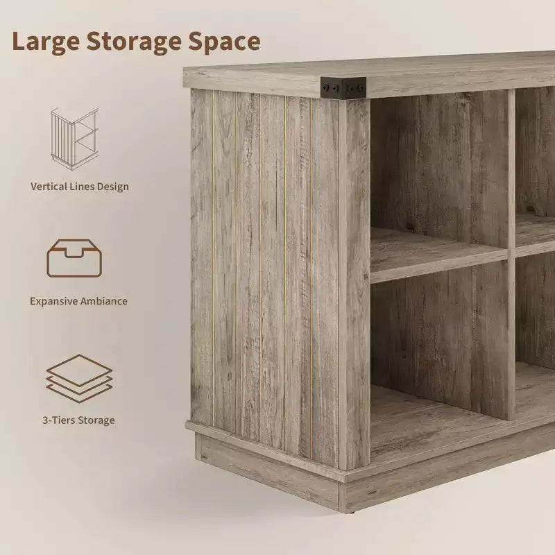 Libreria organizer con 8 scomparti, mobile orizzontale in stile rustico, libreria in legno da 62 pollici con vani portaoggetti per ingresso, libreria lunga e bassa per soggiorno