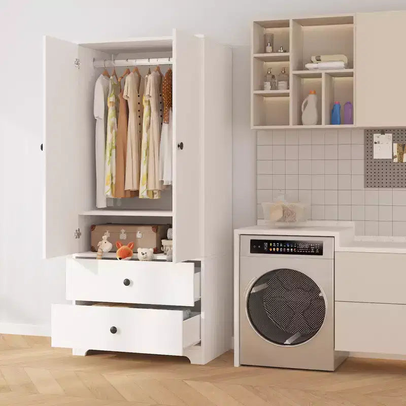 Armadio guardaroba moderno in legno da 71 pollici per camera da letto, con 2 ante, 2 cassetti, ripiani regolabili, vano porta abiti e barra appendiabiti