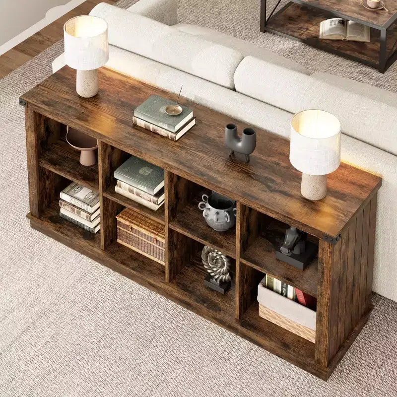 Libreria organizer con 8 scomparti, mobile orizzontale in stile rustico, libreria in legno da 62 pollici con vani portaoggetti per ingresso, libreria lunga e bassa per soggiorno