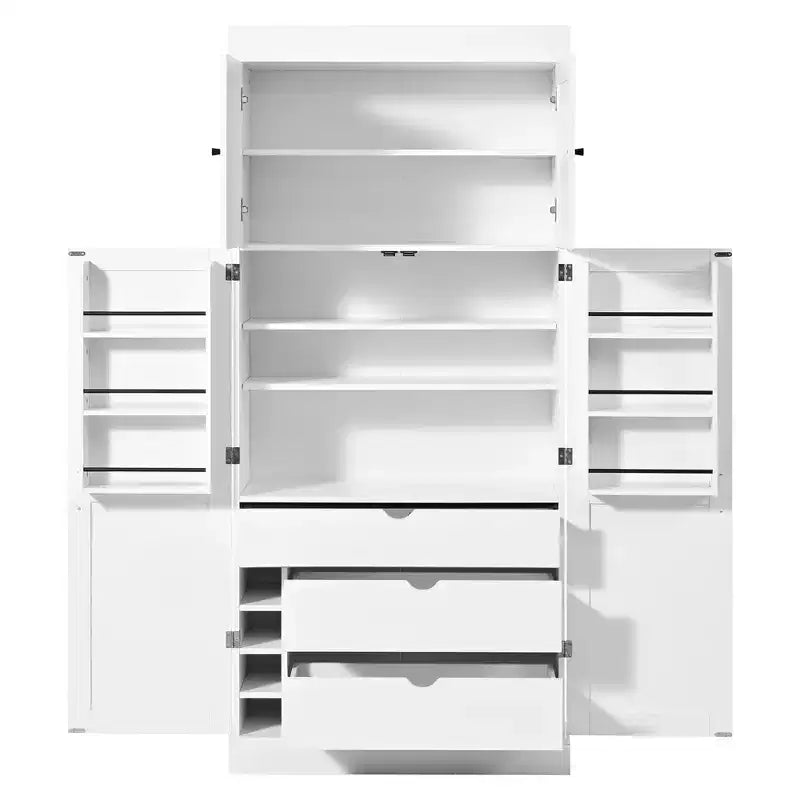 Despensa de cocina independiente de 77 pulgadas de alto, armario de almacenamiento estilo granja con estantes ajustables, estantes en las puertas, cajones y botelleros - ModernLuxe