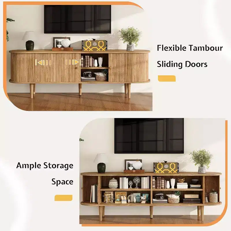 AMERLIFE 70-Zoll-TV-Ständer mit Beinen aus Massivholz, moderne TV-Konsole im Mid-Century-Stil mit Lamellentür