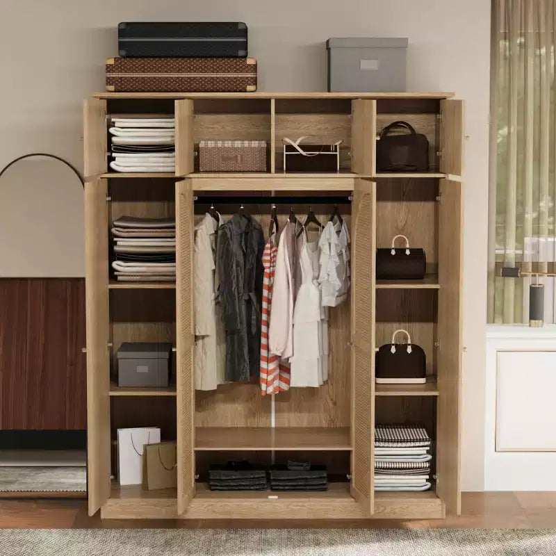 Armario ropero alto de 70,87 pulgadas con 8 puertas y gran capacidad, barra para colgar, estantes ajustables y puertas decorativas de ratán