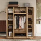 Armario ropero alto de 70,87 pulgadas con 8 puertas y gran capacidad, barra para colgar, estantes ajustables y puertas decorativas de ratán
