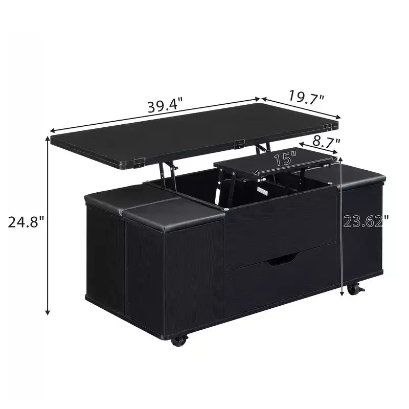 Multifunctionele moderne salontafel met hefbaar blad en verborgen opbergruimte, 4 krukken en zwenkwielen, perfect voor moderne woonruimtes