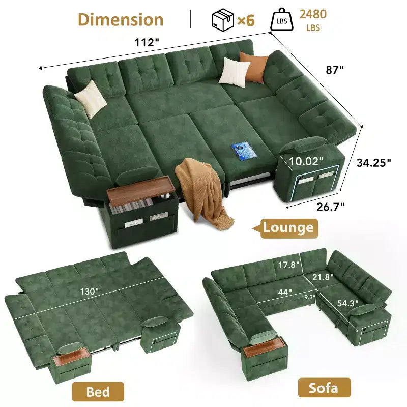 Divano componibile letto modulare Dyonery 112 con letto estraibile, divano componibile a U con contenitore, sedute extra larghe e profonde per il soggiorno