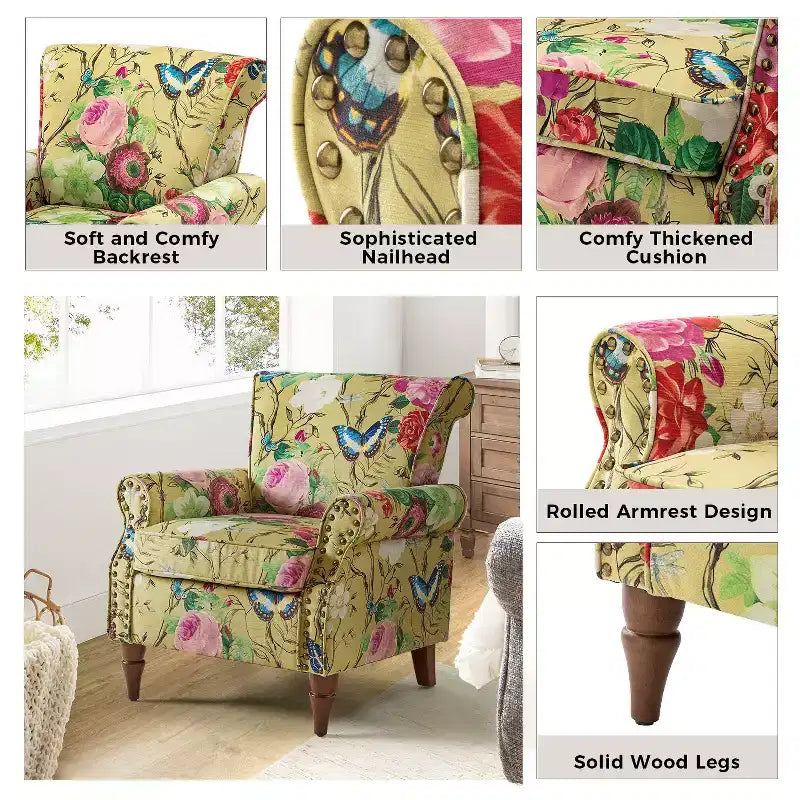 Araceli traditionele houten bloemenfauteuil met bekleding, hoge rugleuning en sierspijkerrand| ART OF LIVING DESIGNS