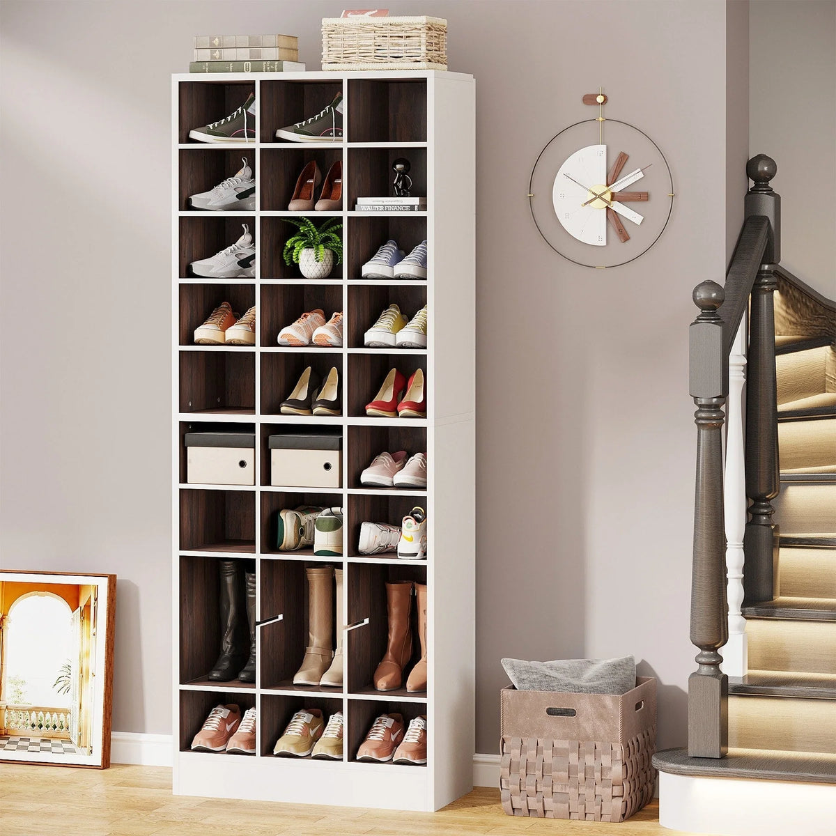 Meuble à chaussures haut pour 30 paires, étagère de rangement blanche en bois à 10 niveaux pour placard et entrée – 10 niveaux
