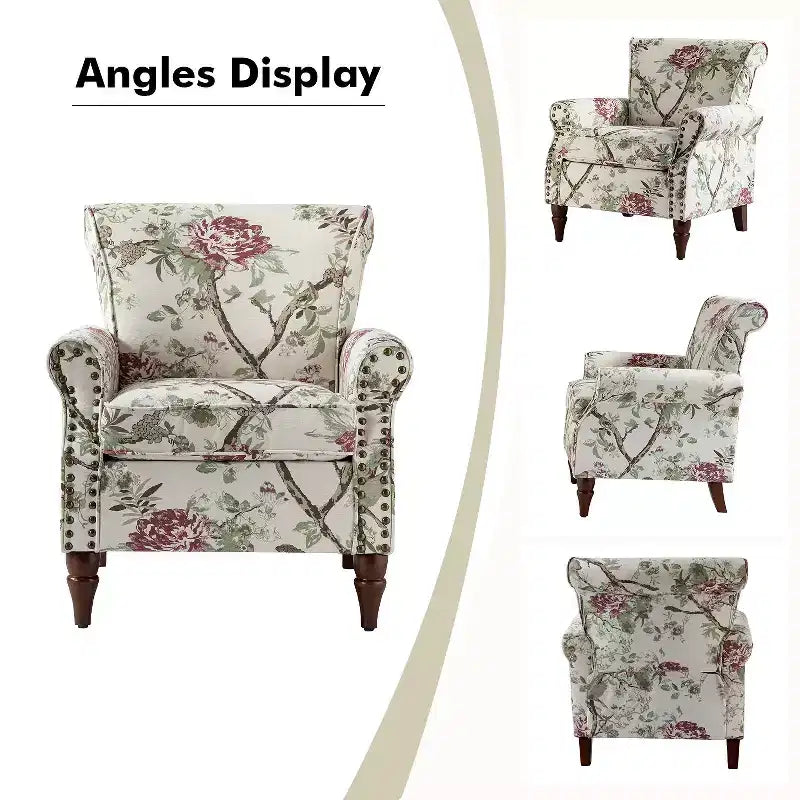 Araceli traditionele houten bloemenfauteuil met bekleding, hoge rugleuning en sierspijkerrand| ART OF LIVING DESIGNS