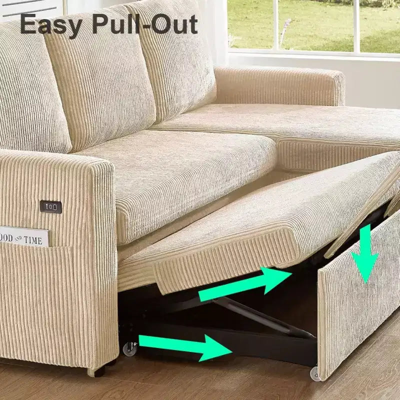 Sofá cama extraíble 2 en 1 Dyonery con chaise longue con almacenamiento, sofá seccional de pana C con puertos USB para sala de estar