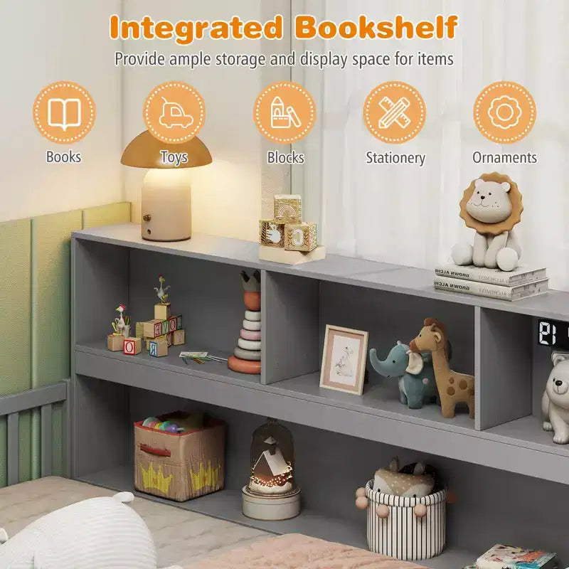 Montessori-Bodenbett in Twin-/Full-Größe mit Bücherregal, Stauraumfächern und Sicherheitsgittern, Weiß/Grau