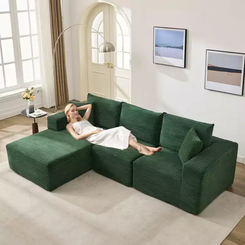 Sofá moderno 108, sofá tapizado de 3 plazas en forma de L con cojines, asiento profundo, no requiere montaje