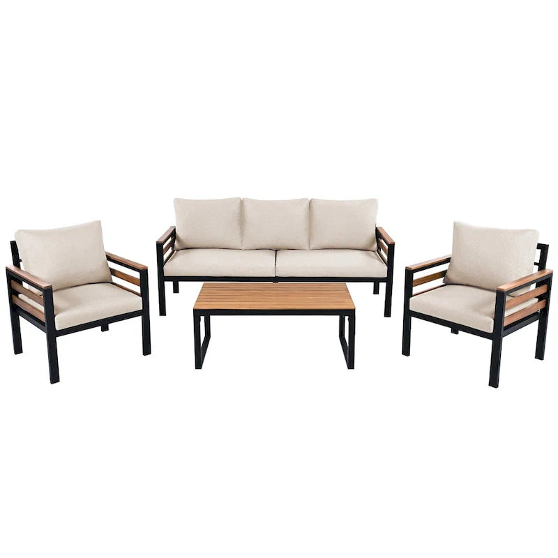 4-teiliges Gartensofaset für 5 Personen mit Couchtisch aus Massivholz und abnehmbaren Kissen