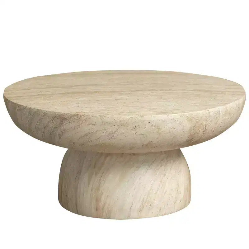 Mesa de centro redonda LeisureMod Lunexa, mesa auxiliar con pedestal de fibra de piedra para interiores o exteriores, diseño esculpido con almohadillas antideslizantes