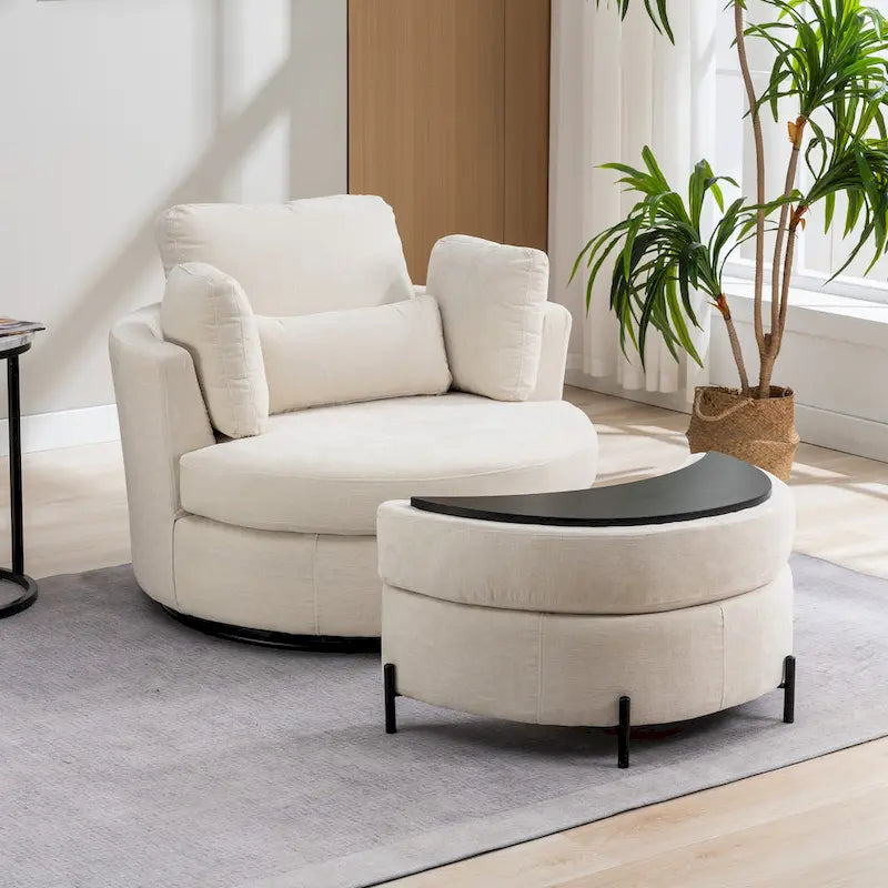 Sillón decorativo giratorio tapizado de 42.3W con 4 cojines y otomana de almacenamiento en forma de media luna