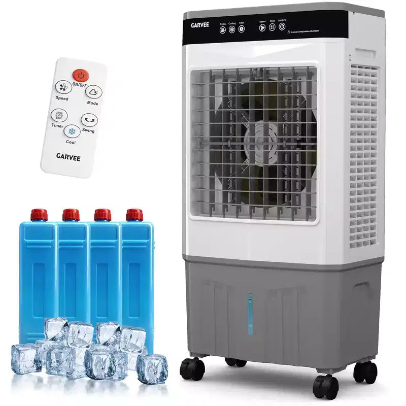 Luftkühler, Verdunstungsluftkühler mit Wassertank, 4 Kühlakkus, 3 Geschwindigkeitsstufen, 120°-Oszillation, Fernbedienung und 12-Stunden-Timer, 150 W, tragbarer Standkühler