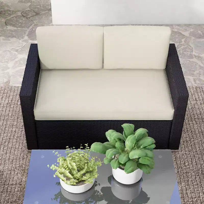 Ensemble de canapé en rotin de 4 pièces, salon de jardin en résine tressée avec causeuse, fauteuils et table basse avec plateau en verre pour l’extérieur
