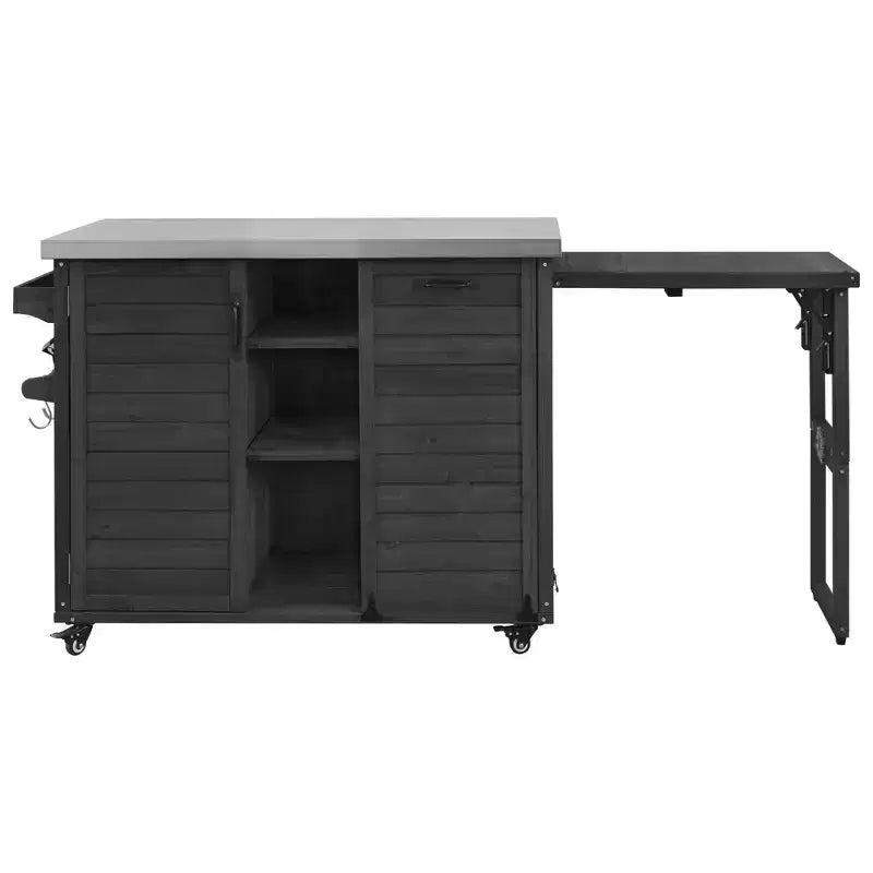 Isola da cucina da esterno da 78,3 pollici con piano di lavoro in acciaio inox, stazione barbecue pieghevole e armadietti contenitori, nera