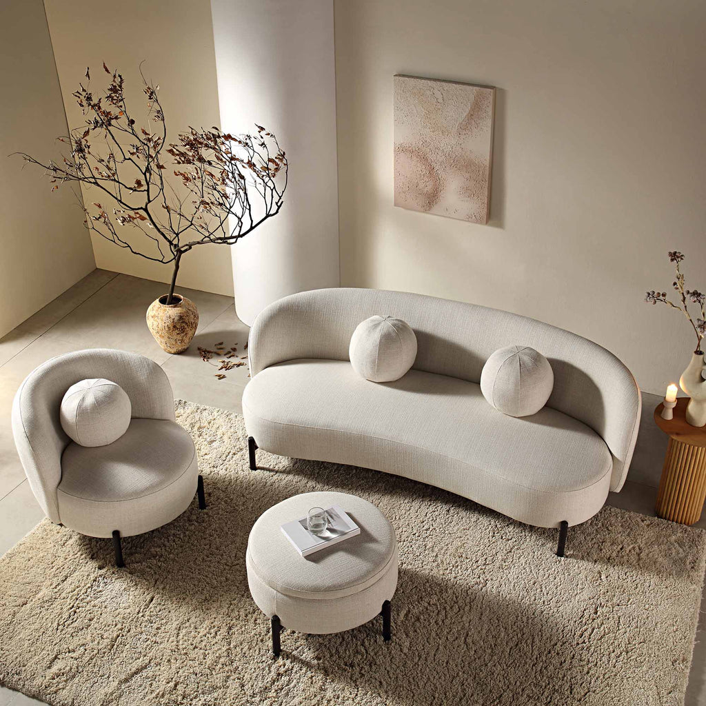 Sofá curvo de 3 plazas con cojines esféricos, mezcla de lino beige