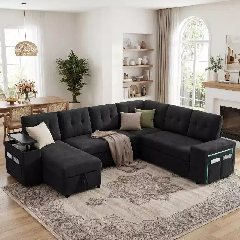 Divano componibile letto modulare Dyonery 112 con letto estraibile, divano componibile a U con contenitore, sedute extra larghe e profonde per il soggiorno
