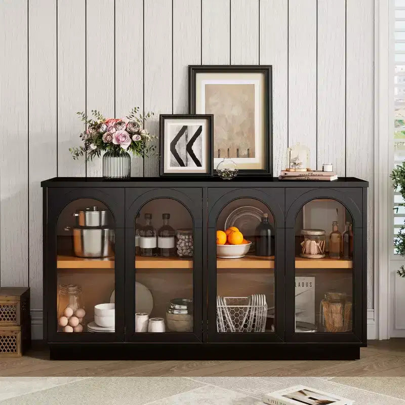 Großes Buffet-Sideboard mit 4 Türen und Glastüren, gewölbter Schrank mit verstellbaren Einlegeböden für die Küche