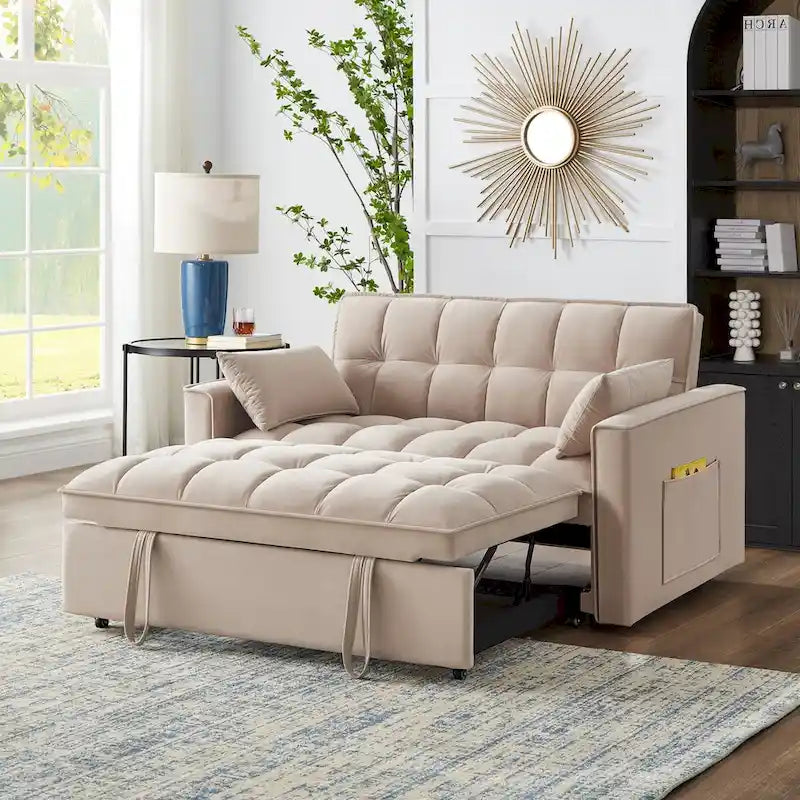 Divano letto loveseat 4 in 1 con braccioli e tasche portaoggetti, divano letto estraibile trapuntato multifunzione con schienale regolabile