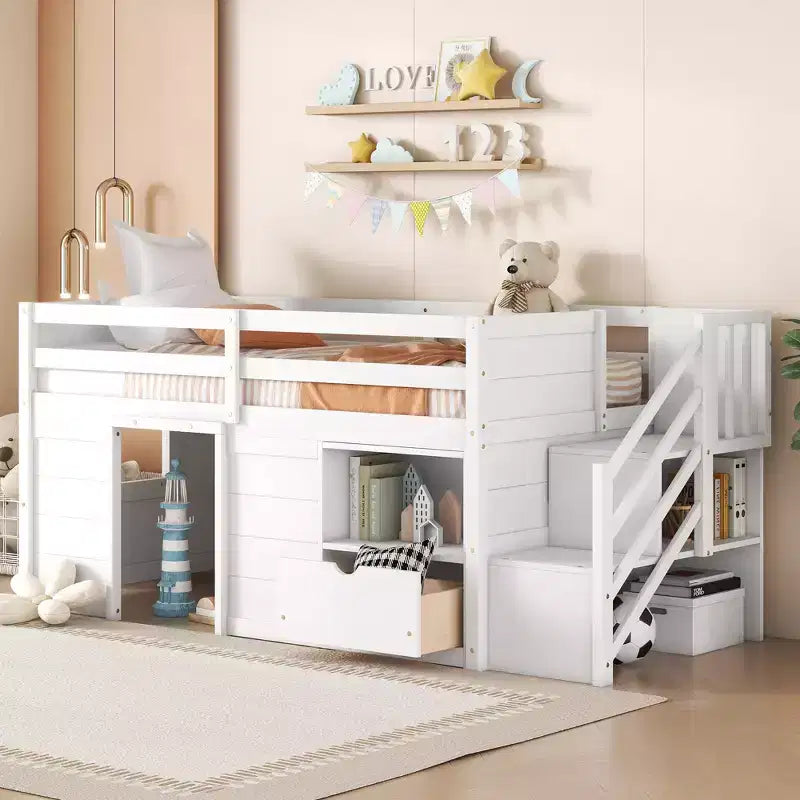 Letto rialzato basso singolo in legno massello da 94,6 L x 42,3 L, con scala, cassetto e ripiano, design moderno e pulito