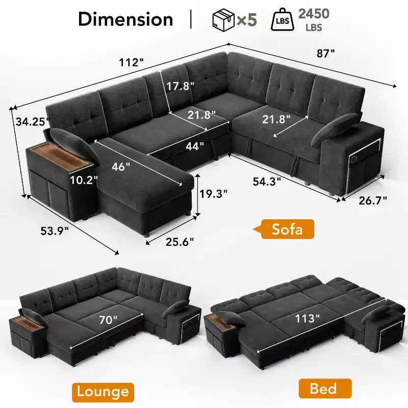 Divano componibile letto modulare Dyonery 112 con letto estraibile, divano componibile a U con contenitore, sedute extra larghe e profonde per il soggiorno