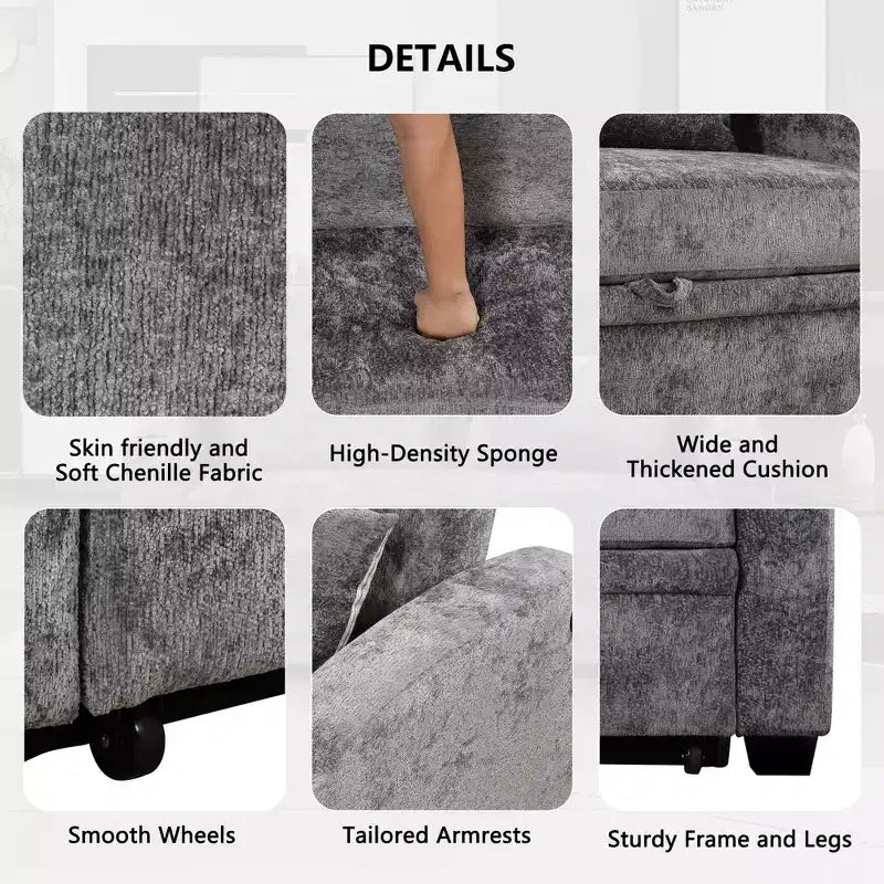61.6 modernes wandelbares Chenille-Schlafsofa mit USB-Anschlüssen, Getränkehaltern und verstellbarer Rückenlehne für Wohnzimmer und Wohnung
