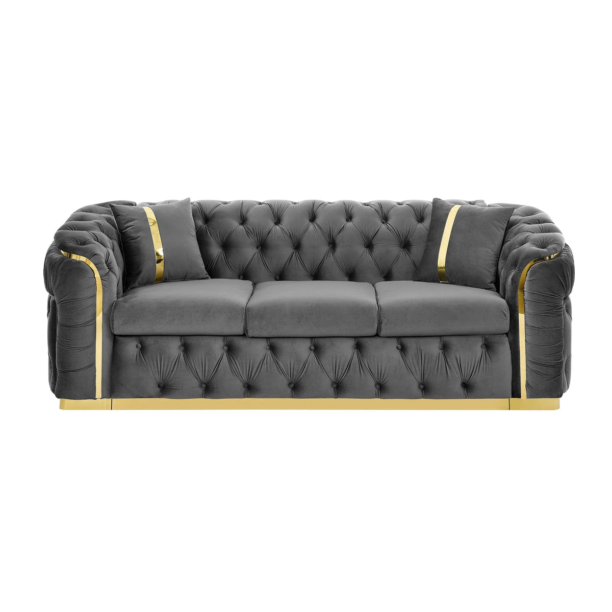90.6 Samtsofa für 3 Personen mit 2 Kissen, hochdichten Polstern, goldenen Akzenten und Kissen