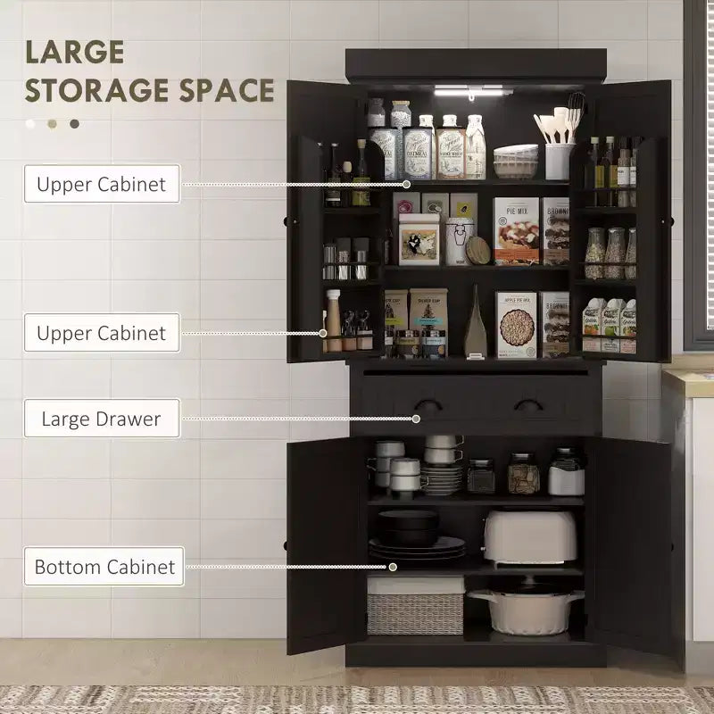 Credenza dispensa da cucina da 71 con luci LED, 6 ripiani sulle ante, un cassetto e 4 ripiani regolabili