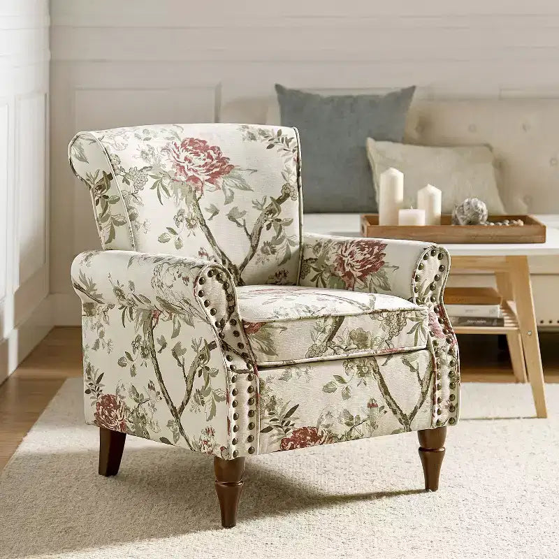 Araceli traditionele houten bloemenfauteuil met bekleding, hoge rugleuning en sierspijkerrand| ART OF LIVING DESIGNS