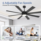 Ventilatore da soffitto nero da 65 pollici con 8 pale, LED, luce e telecomando