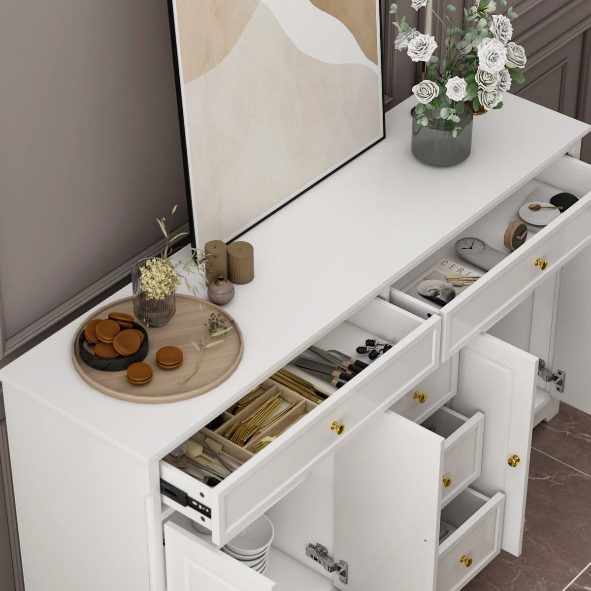 59.1'bílý bufetový příborník v moderním stylu poloviny století, současný lakovaný