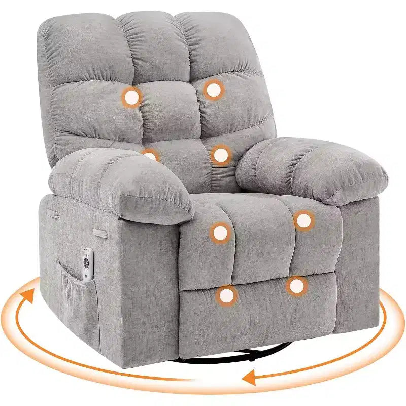 Massagestoel met warmtefunctie - 360° draaibare schommelstoel, extra brede eenpersoonsbank met vibratie, USB en opbergvakken voor woonkamer/slaapkamer