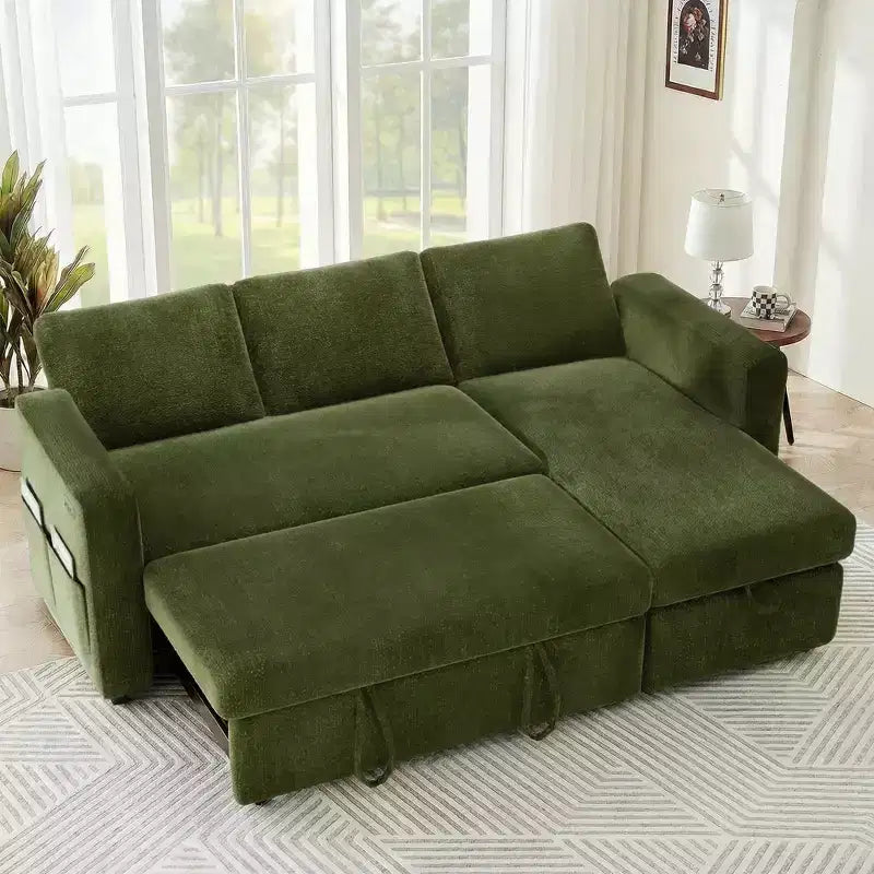 2-in-1-Ausziehsofa mit Stauraum und Ottomane, Chenille-Ecksofa mit USB-Anschlüssen für das Wohnzimmer