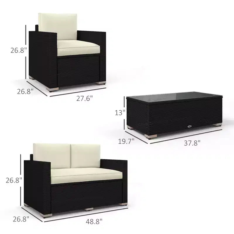 Ensemble de canapé en rotin de 4 pièces, salon de jardin en résine tressée avec causeuse, fauteuils et table basse avec plateau en verre pour l’extérieur