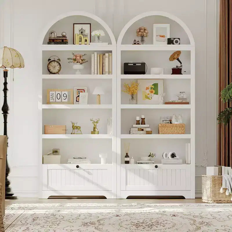 Libreria ad arco da 72" con cassetto contenitore, mobile espositore moderno in legno a 6 ripiani con scaffali aperti e cassetto inferiore, anta curva