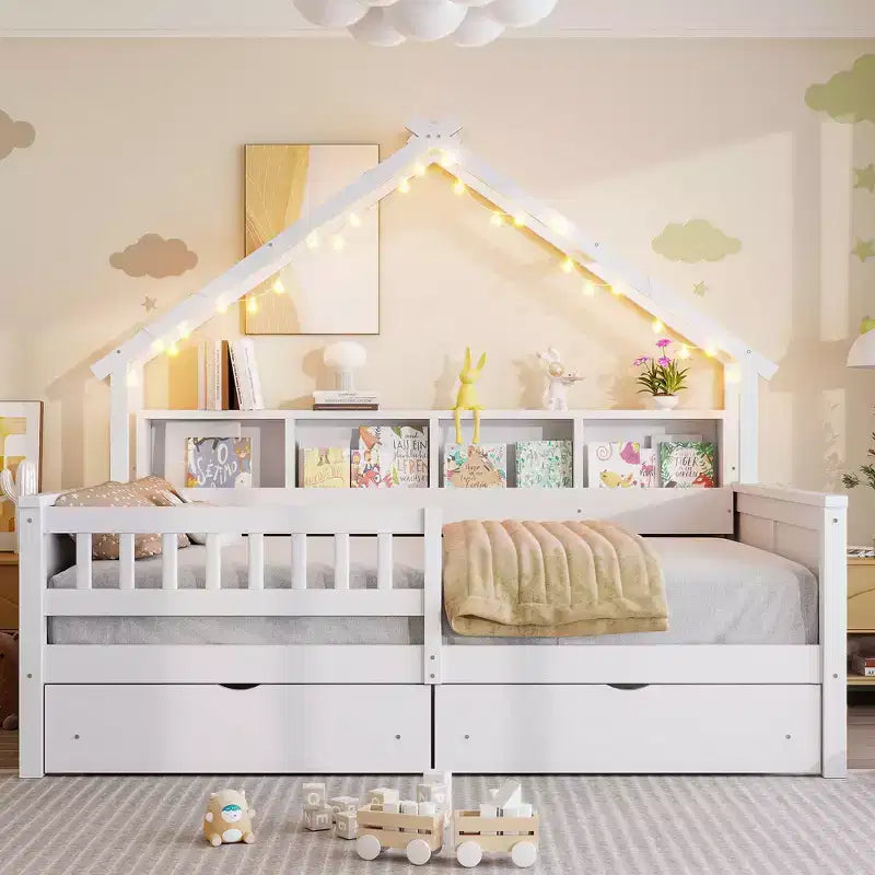 Estructura de cama tipo casita de tamaño completo con cajones, cama plataforma tipo casita con luces LED, estantes y cajones de almacenamiento, diván de madera con techo y barandilla