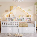 Estructura de cama tipo casita de tamaño completo con cajones, cama plataforma tipo casita con luces LED, estantes y cajones de almacenamiento, diván de madera con techo y barandilla