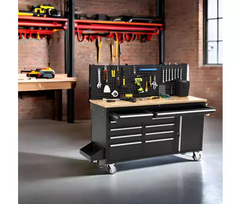 Gereedschapskist op wielen van 61 inch met 10 laden en garagewerkbank met stekkerdoos, blad van massief rubberhout, zware mobiele werkstationskast met draagvermogen van 1675 LBS