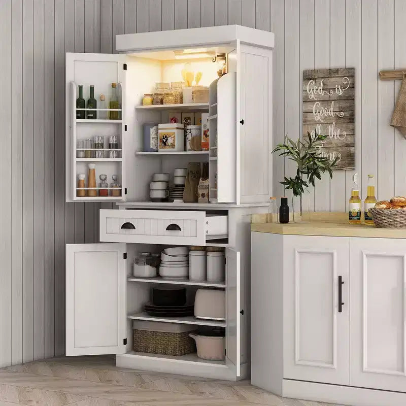 Credenza dispensa da cucina da 71 con luci LED, 6 ripiani sulle ante, un cassetto e 4 ripiani regolabili