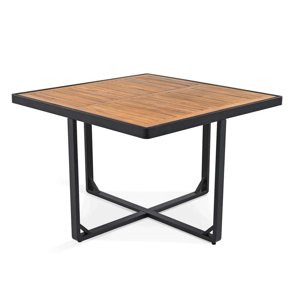 Juego de comedor de patio de 18 piezas de madera de acacia, con 8 sillas acolchadas, 8 otomanas y 2 mesas cuadradas