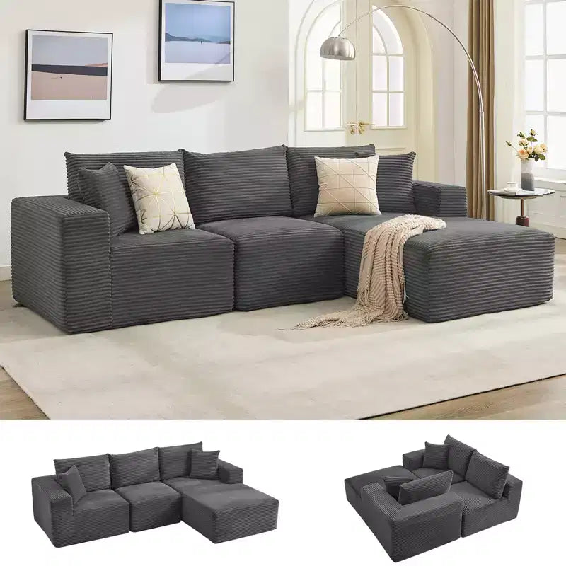 108 modernes Sofa, 3-Sitzer-Sofa in L-Form mit Polsterbezug und Kissen, Sofa mit tiefer Sitzfläche, keine Montage erforderlich