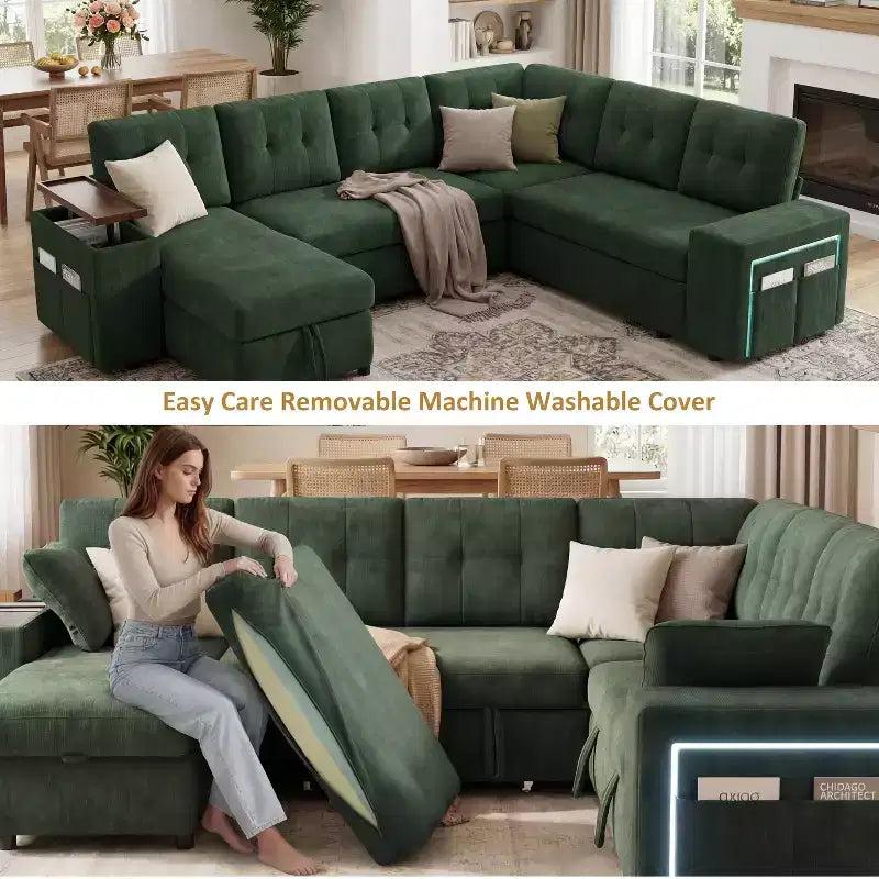 Divano componibile letto modulare Dyonery 112 con letto estraibile, divano componibile a U con contenitore, sedute extra larghe e profonde per il soggiorno