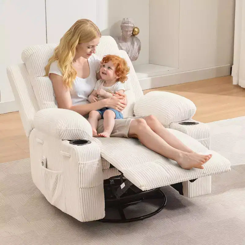 Otočné polohovací křeslo s houpáním, masáží a vyhříváním, otočné o 360° s držáky nápojů a bočními kapsami, ergonomická odpočinková pohovka do obývacího pokoje, karavanu nebo dětského pokoje