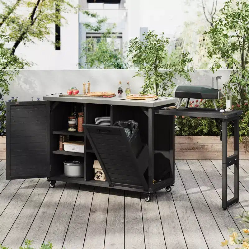 Isola da cucina da esterno da 78,3 pollici con piano di lavoro in acciaio inox, stazione barbecue pieghevole e armadietti contenitori, nera