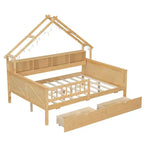 Estructura de cama tipo casita de tamaño completo con cajones, cama plataforma tipo casita con luces LED, estantes y cajones de almacenamiento, diván de madera con techo y barandilla