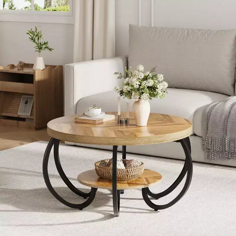 Tavolino da caffè industriale rotondo da 30 pollici, a 2 ripiani, con piedini regolabili, ripiano effetto legno, design a fiamma, facile da assemblare, per soggiorno