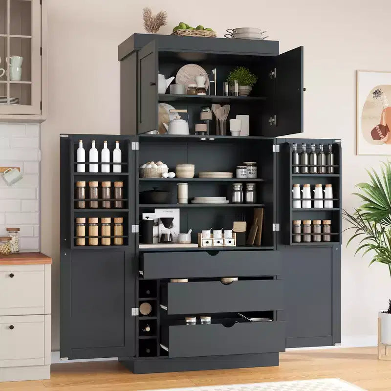 Despensa de cocina independiente de 77 pulgadas de alto, armario de almacenamiento estilo granja con estantes ajustables, estantes en las puertas, cajones y botelleros - ModernLuxe